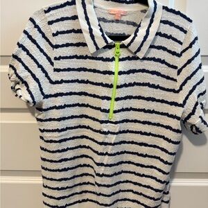 Lisa Todd Sweater Polo with Navy Stripes and Neon Zipper